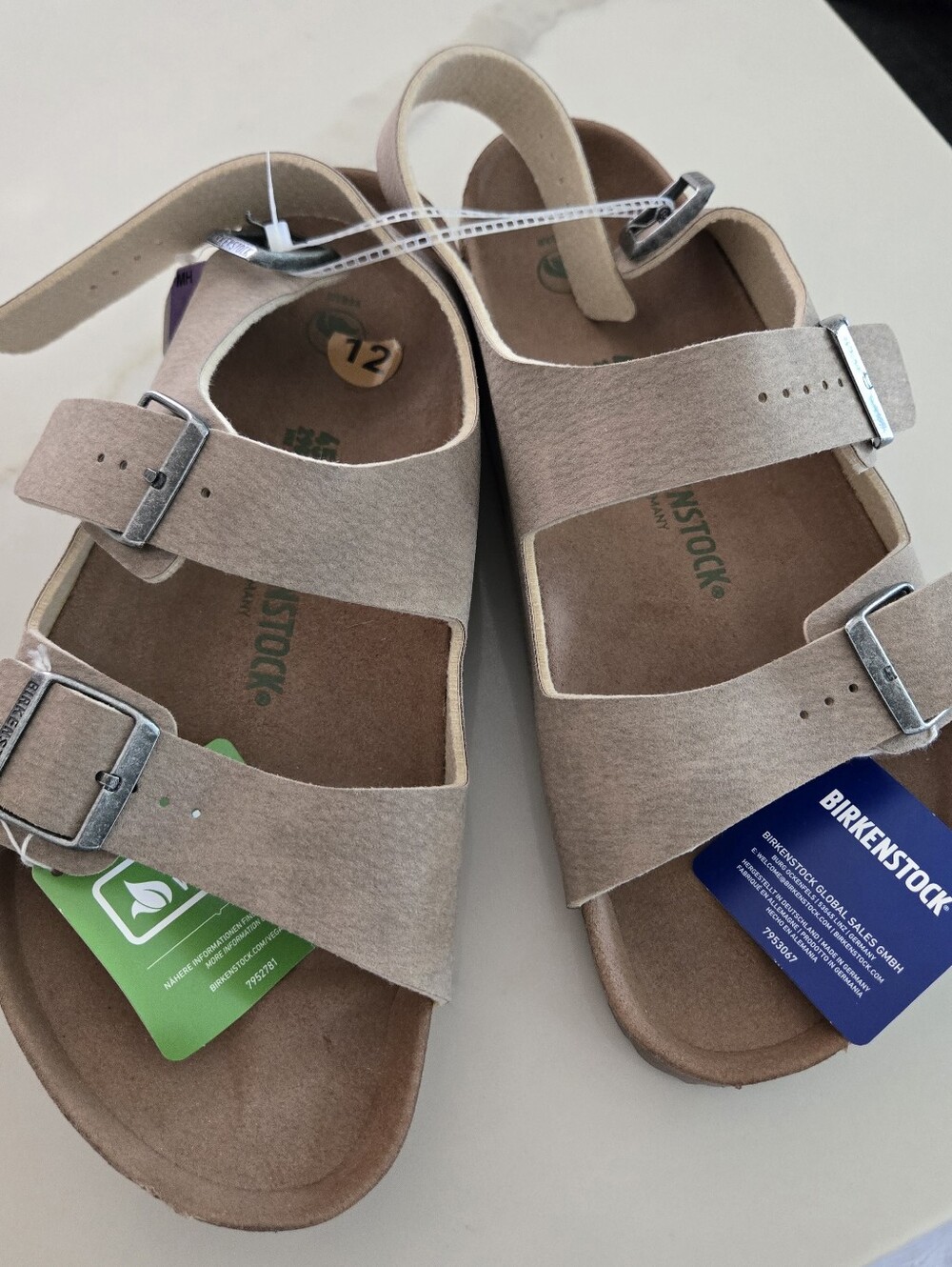 Birkenstock Taupe Two-Strap Suede Sandals with Silver Buckles